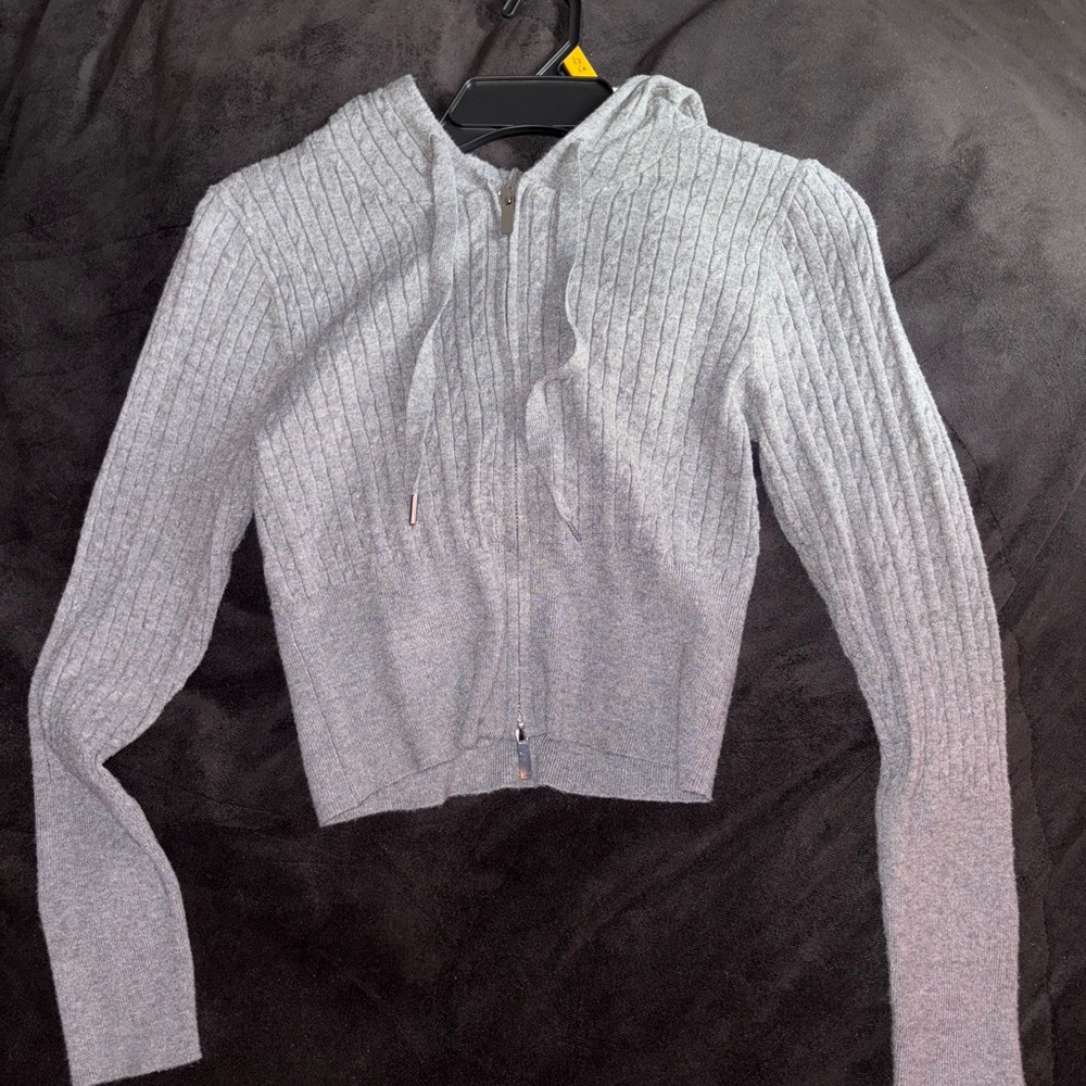 Pink Rose Light Gray Ribbed Hoodie
